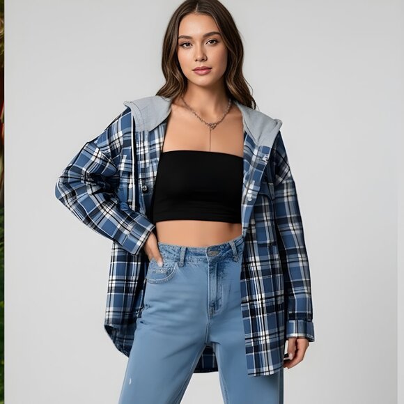 Blue Plaid Shacket with Drawstring Hoodie - Picture 1 of 7